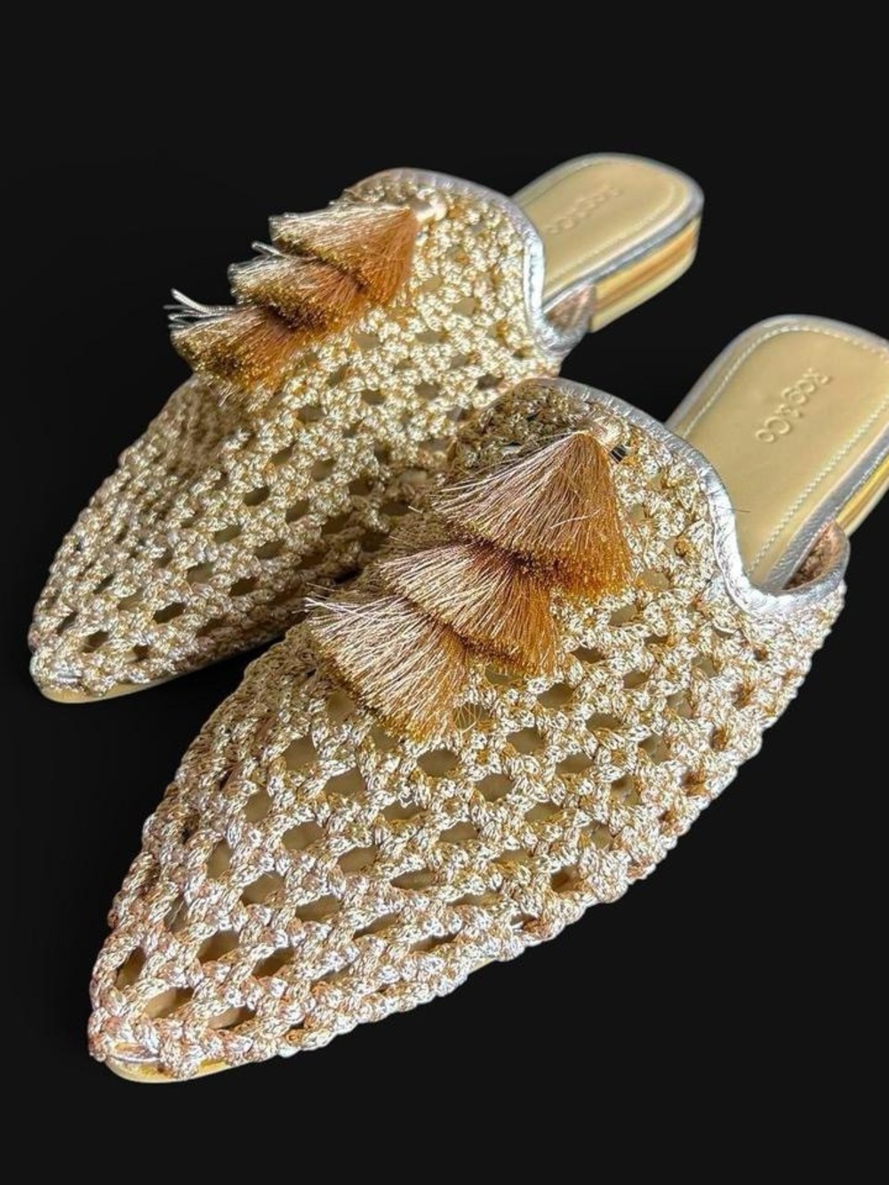 Rag & Co Gold Metallic Tassel Crochet Elevated Summer Mules eclectic resortwear